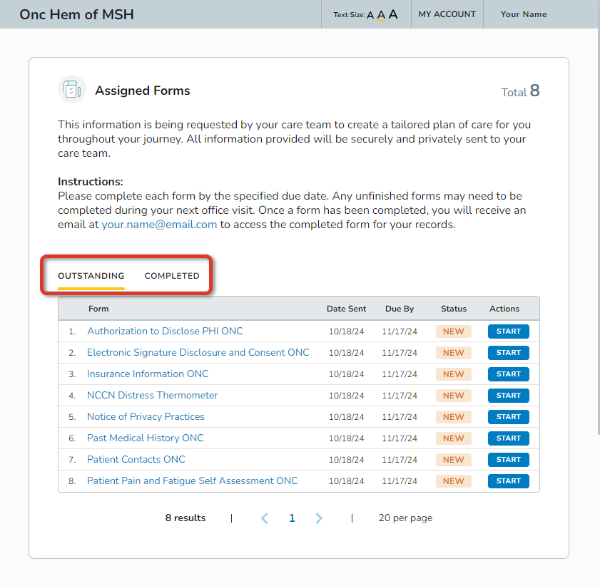 Assigned Forms with the Outstanding list selected and highlighted - click to enlarge Assigned Forms with the Outstanding list selected and highlighted