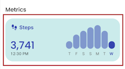 Example of Steps metrics card showing 3,741 steps at 12:30 PM with a weekly bar chart displaying step counts for Tuesday through Wednesday