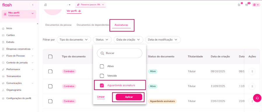 imagem com destaque para as opções de assinatura e aguardando assinaturas