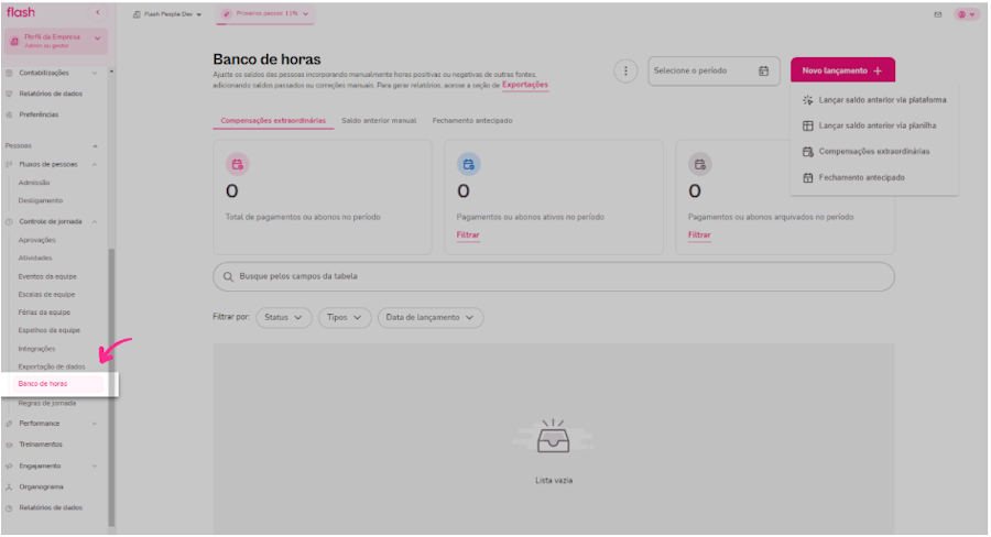 Imagem do menu do painel do banco de horas.