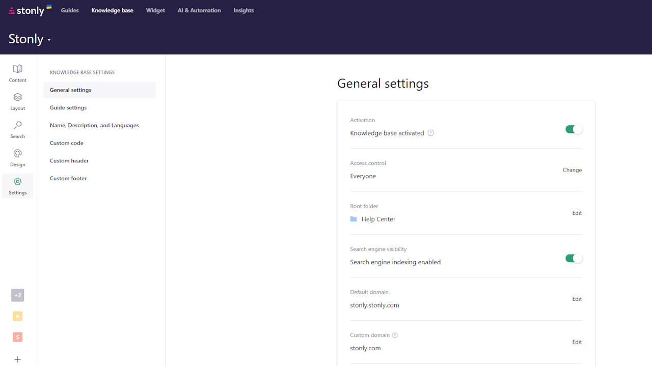 General settings view open in the knowledge base tab. - click to enlarge General settings view open in the knowledge base tab.