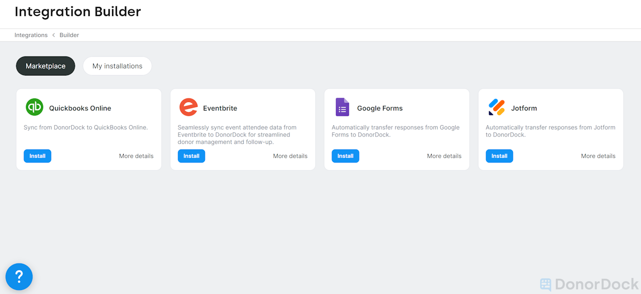 INTEGRATION BUILDER PAGE SHOWING TILES FOR QBO, EVENTBRITE, GOOGLEFORMS, AND JOTFORMS - click to enlarge INTEGRATION BUILDER PAGE SHOWING TILES FOR QBO, EVENTBRITE, GOOGLEFORMS, AND JOTFORMS