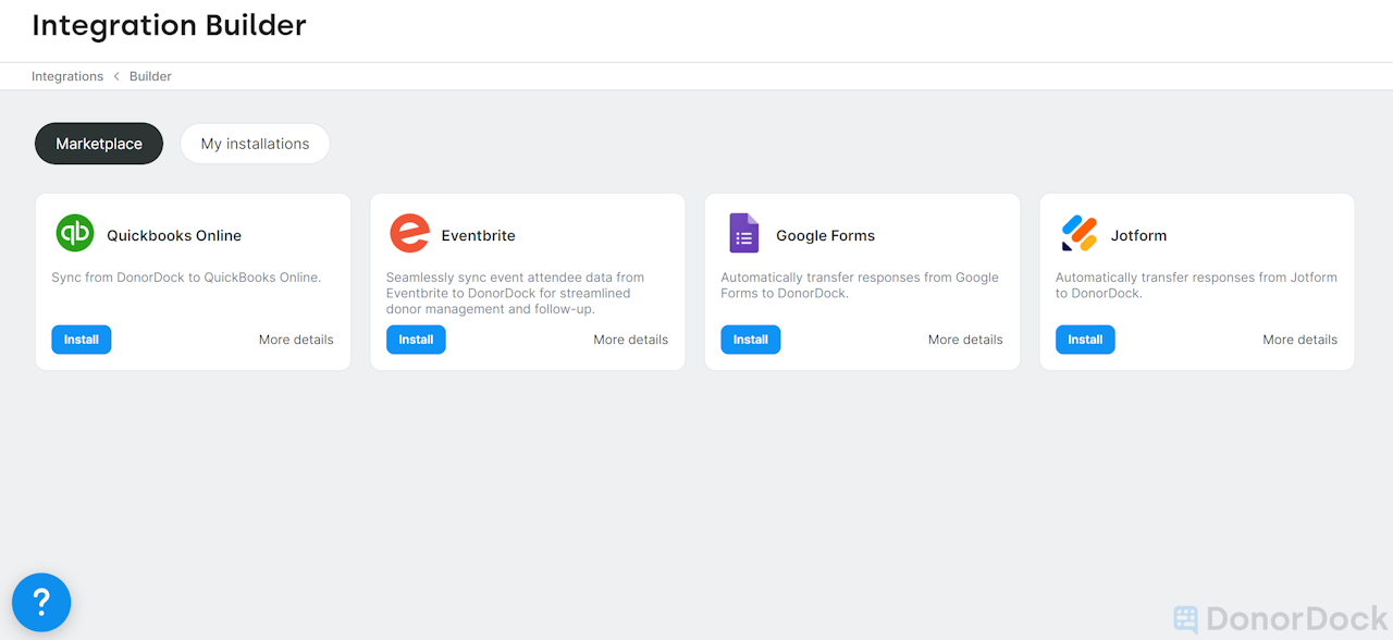 INTEGRATION BUILDER PAGE SHOWING TILES FOR QBO, EVENTBRITE, GOOGLEFORMS, AND JOTFORMS - click to enlarge INTEGRATION BUILDER PAGE SHOWING TILES FOR QBO, EVENTBRITE, GOOGLEFORMS, AND JOTFORMS