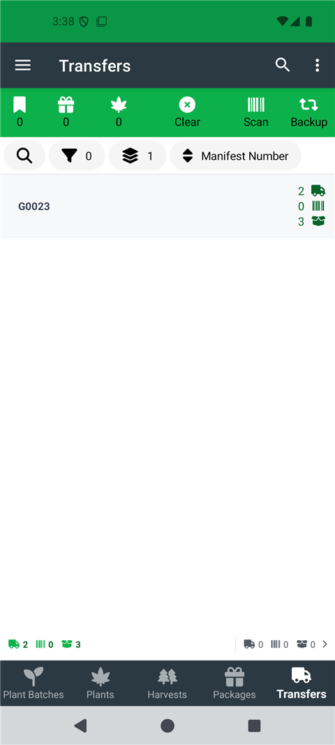Transfers tab of the List page showing the license row with manifest, scanned, and package counts - click to enlarge Transfers tab of the List page showing the license row with manifest, scanned, and package counts