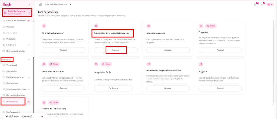 Gif mostra o passo a passo de como criar uma categoria de despesas corporativa na plataforma Flash.