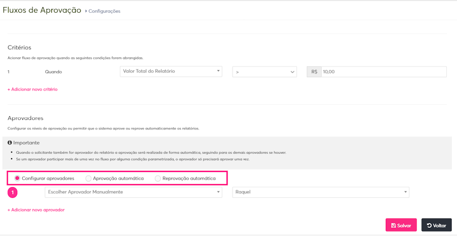 imagem da plataforma para a configuração do fluxo de aprovações para criar regras