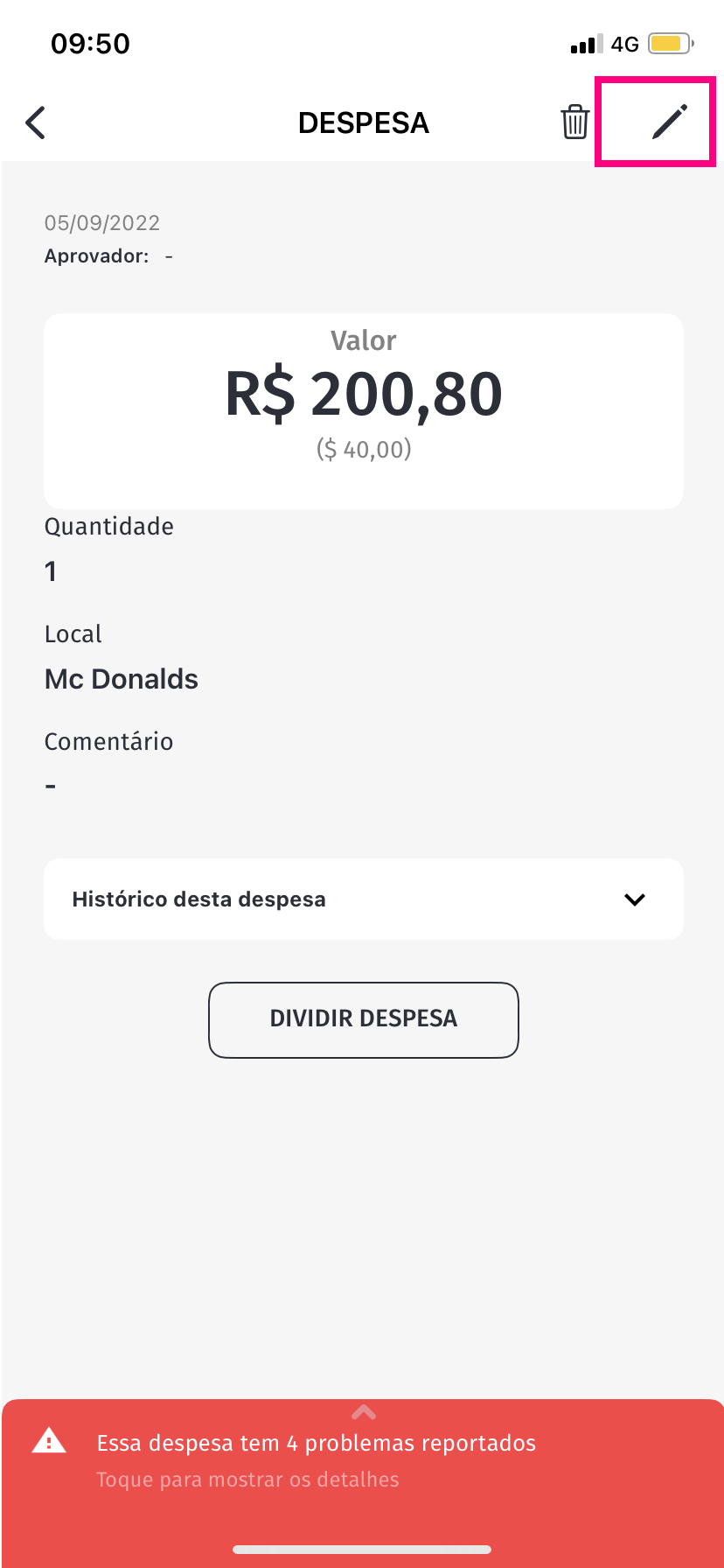 imagem com destaque para opção de editar informações de uma despesa