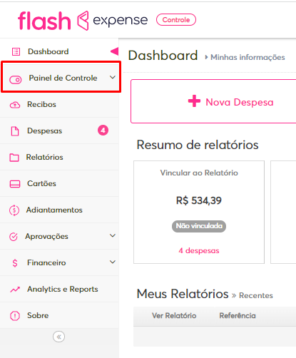 Imagem do menu da plataforma com foco na opção de painel de controle.