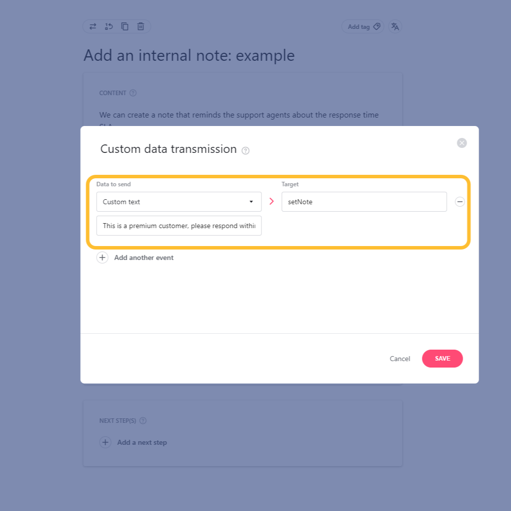 Sample data transmission set up for the Zendesk integration - click to enlarge Sample data transmission set up for the Zendesk integration