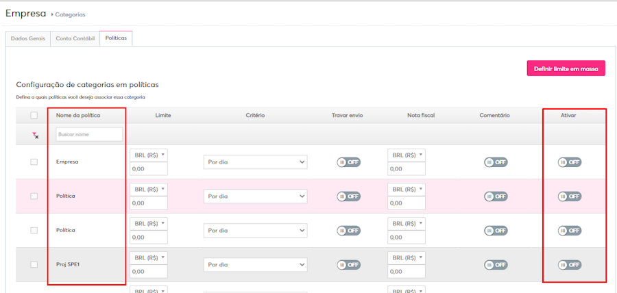 imagem com destaque para o menu de configurações de categorias