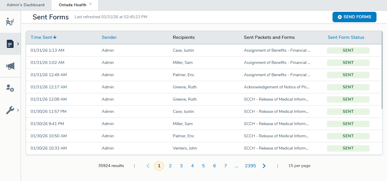 The Ontada Health Sent Forms list - click to enlarge The Ontada Health Sent Forms list