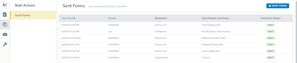 The Ontada Health eRegistration Send Forms tab in iKnowMed - click to enlarge The Ontada Health eRegistration Send Forms tab in iKnowMed