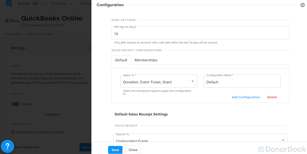 QUICKBOOKS ONLINE INTEGRATION SHOWING OPTION TO ADD GIFT TYPE SETTINGS - click to enlarge QUICKBOOKS ONLINE INTEGRATION SHOWING OPTION TO ADD GIFT TYPE SETTINGS