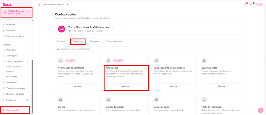 GIF mostra como criar uma automação para movimentação de saldo corporativo na plataforma Flash.