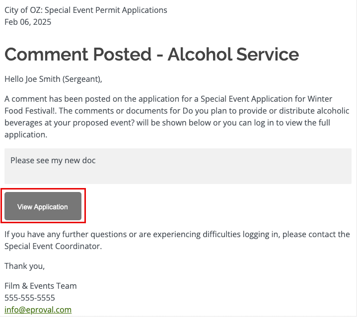 Copy of a notification email sent to a reviewer with the link to View the Application highlighted.