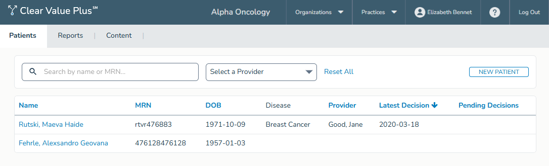 The Clear Value Plus Patients list - click to enlarge The Clear Value Plus Patients list