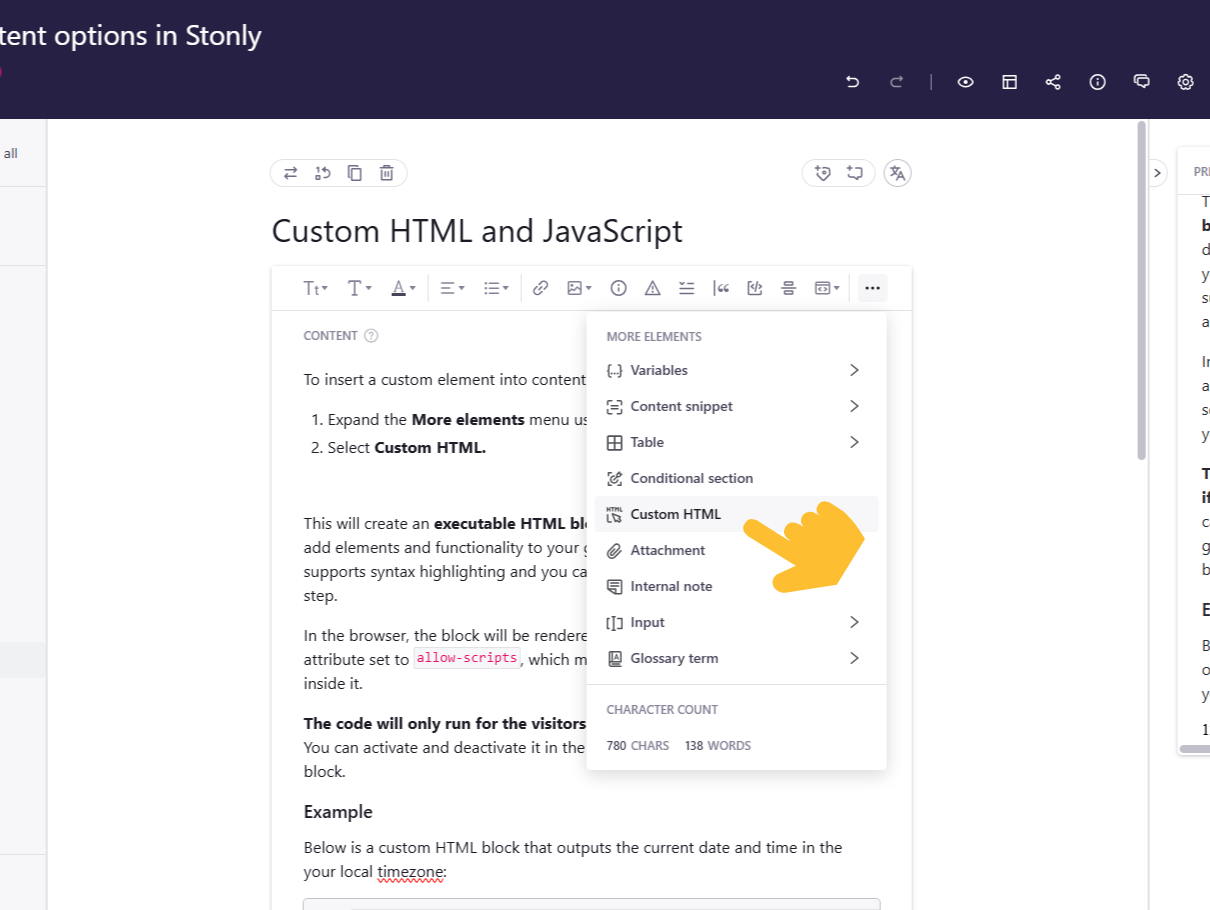 Custom HTML options highlighted in a dropdown menu in the guide editor. - click to enlarge Custom HTML options highlighted in a dropdown menu in the guide editor.