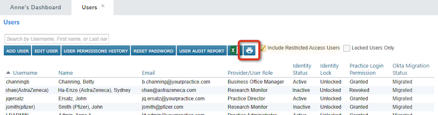 The Users list with the Print (printer) button highlighted