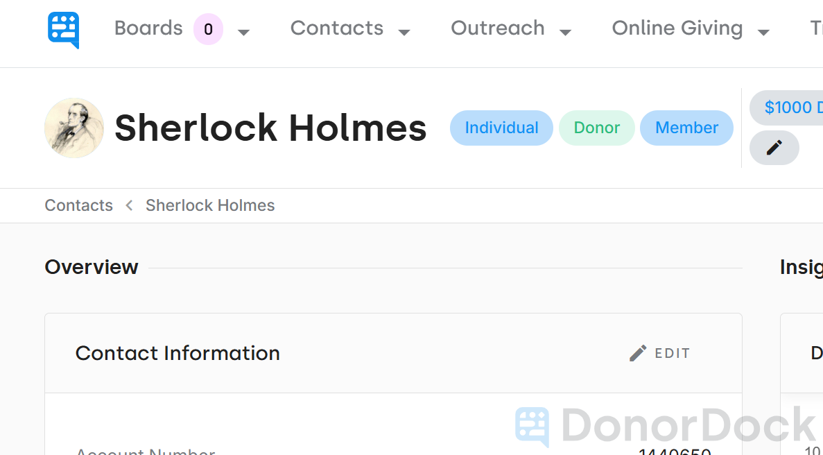 EXAMPLE CONTACT RECORD SHOWING IMAGE FOR TEST CONTACT SHERLOCK HOLMES - click to enlarge EXAMPLE CONTACT RECORD SHOWING IMAGE FOR TEST CONTACT SHERLOCK HOLMES