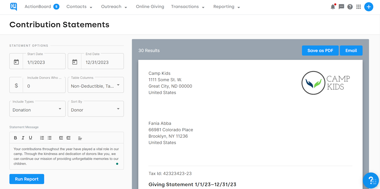 CONTRIBUTION STATEMENT SETTINGS SHOWING OPTIONS FOR STATEMENT MESSAGE AND COLUMNS - click to enlarge CONTRIBUTION STATEMENT SETTINGS SHOWING OPTIONS FOR STATEMENT MESSAGE AND COLUMNS