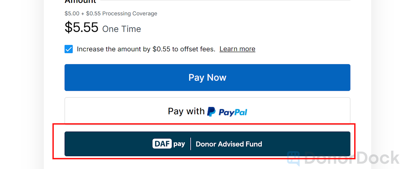 DAFPay option highlighted on Giving Page - click to enlarge DAFPay option highlighted on Giving Page