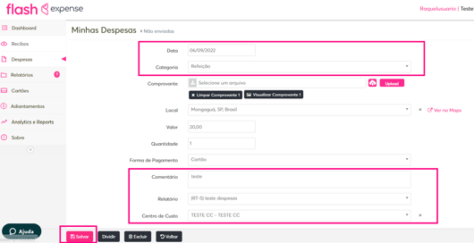 Imagem com foco nos campos para preenchimento da despesa.