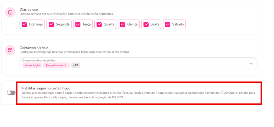 imagem da plataforma com destaque para opção de habilitar saque no cartão corporativo