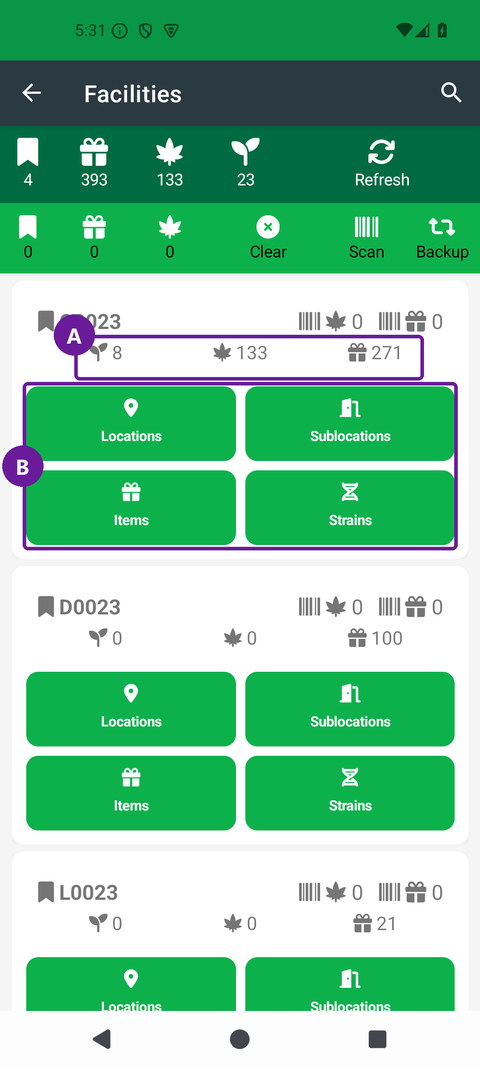 Facilities page with callouts: license counts (a) and the four catalog buttons (b) - click to enlarge Facilities page with callouts: license counts (a) and the four catalog buttons (b)