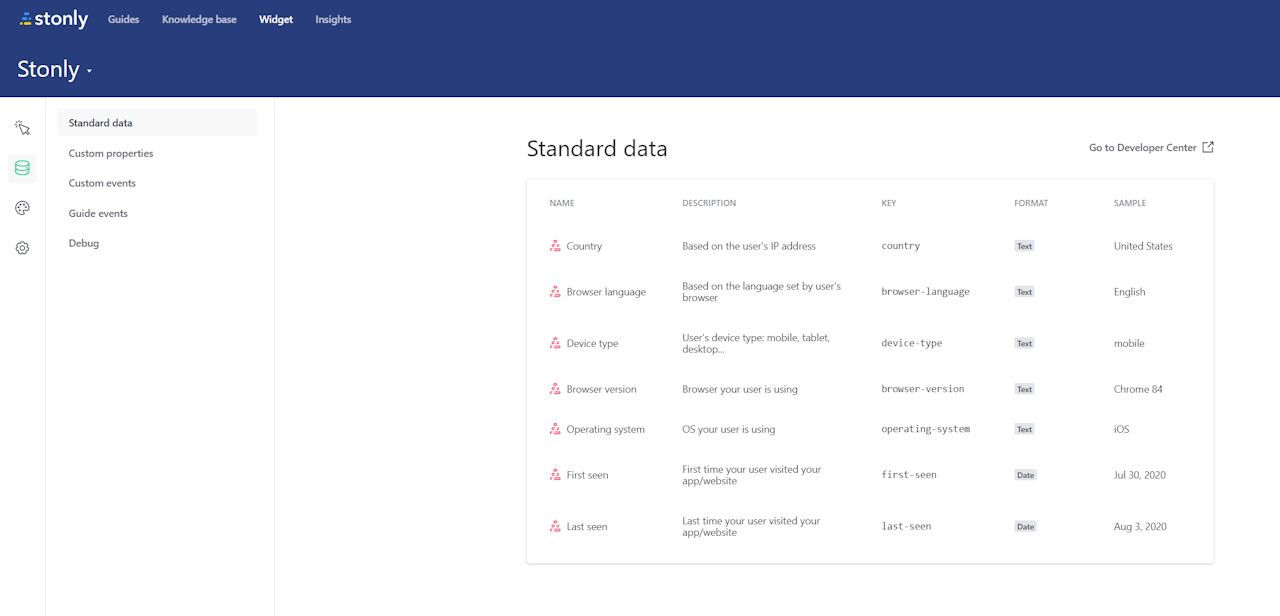 User data screen opened in Stonly with a list of standard data properties - click to enlarge User data screen opened in Stonly with a list of standard data properties