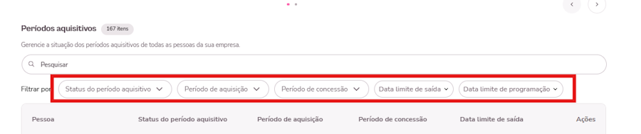 imagem exemplo com destaque para as opções de períodos aquisitos