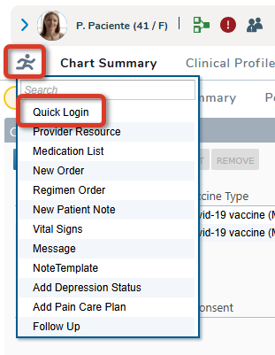 The Quick Action menu open with the Running Man icon and the Quick Login option highlighted - click to enlarge The Quick Action menu open with the Running Man icon and the Quick Login option highlighted