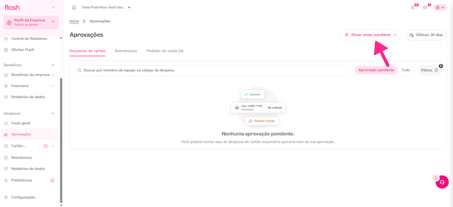 Imagem exemplo do menu de aprovação e modo substituto