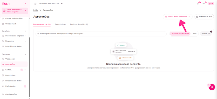 Imagem exemplo do menu de aprovação e modo substituto