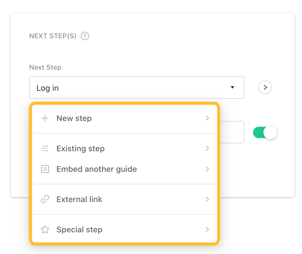 Next step dropdown menu open and highlighted. - click to enlarge Next step dropdown menu open and highlighted.