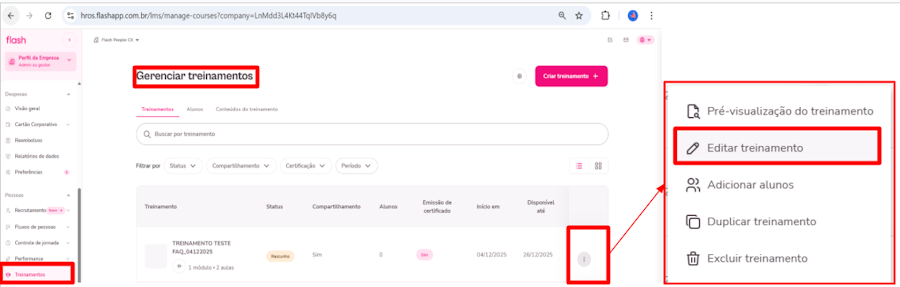 imagem da plataforma com destaque para a opção de editar treinamento