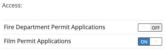Shows Access to application types with Fire Department Permit Applications turned Off, and Film Permit Applications turned On.