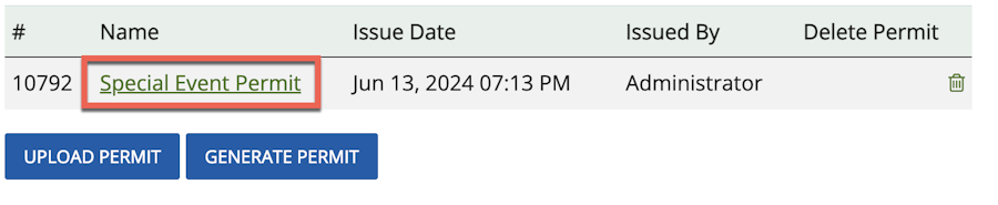 Image showing the generated permit name, number, and issue date, with the Name highlighted.