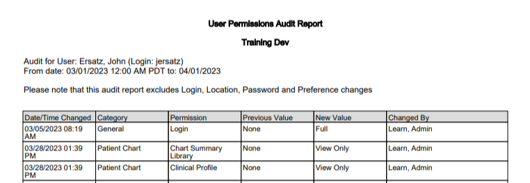 An example of a printed User Permissions History report - click to enlarge An example of a printed User Permissions History report