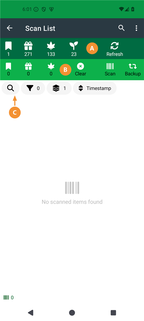Scan List with callouts: license totals and Refresh (a), current scan session with Clear, Scan, and Backup (b), search and filter chips (c) - click to enlarge Scan List with callouts: license totals and Refresh (a), current scan session with Clear, Scan, and Backup (b), search and filter chips (c)