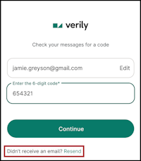Verily login screen with 6-digit code entry field and Resend link at bottom stating "Didn't receive an email? Resend"