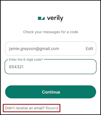 Verily login screen with 6-digit code entry field and Resend link at bottom stating "Didn't receive an email? Resend"