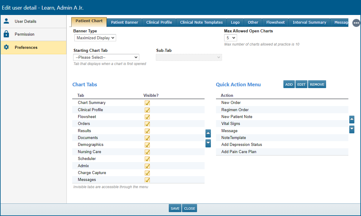 The User Preferences window Patient Chart tab - click to enlarge The User Preferences window Patient Chart tab
