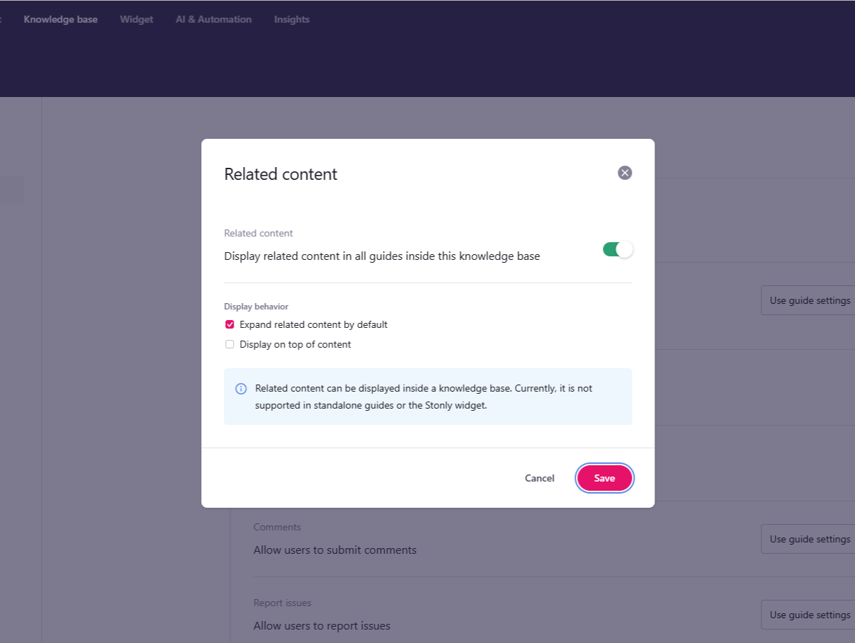Related content settings modal open. - click to enlarge Related content settings modal open.