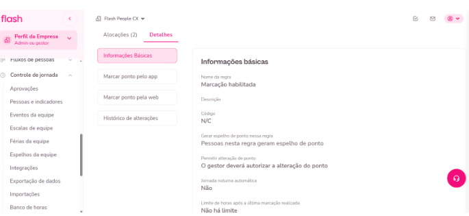 imagem do menu de informações básicas em uma escala de jornada