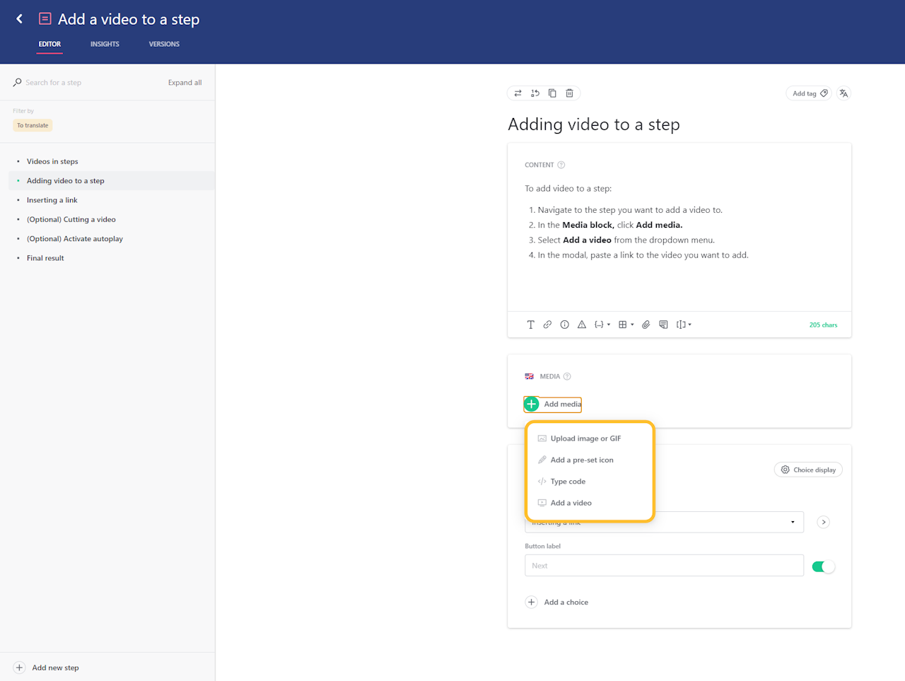 Add media dropdown open in the guide editor. - click to enlarge Add media dropdown open in the guide editor.