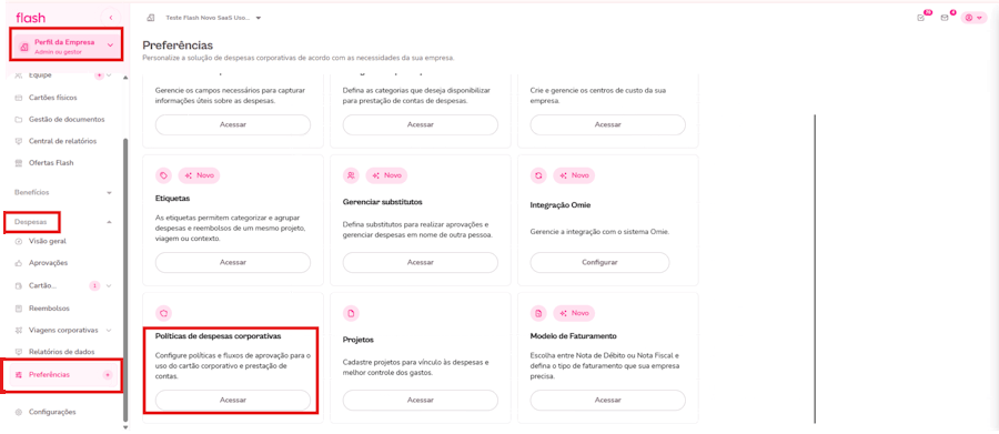 Imagem mostra o passo a passo de configurar política na plataforma flashos.
