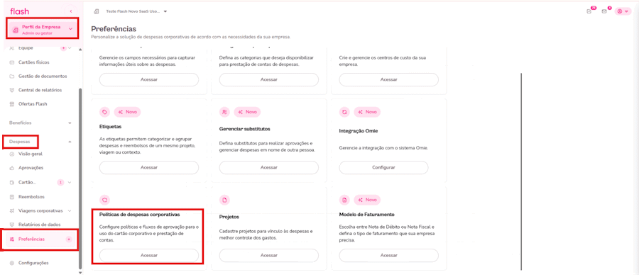 Imagem mostra o passo a passo de configurar política na plataforma flashos.