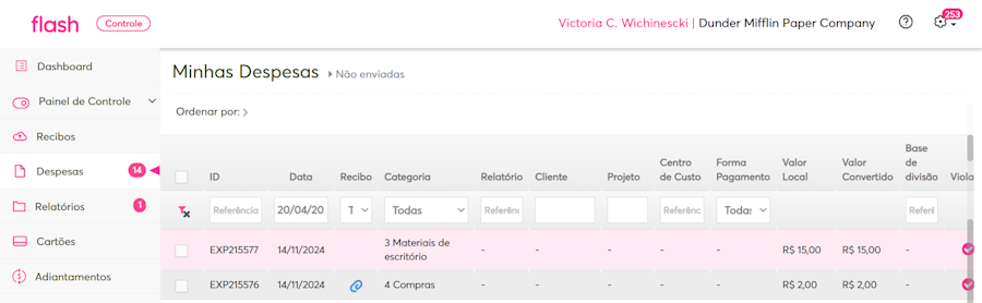 imagem da plataforma com uma despesa exemplo selecionada