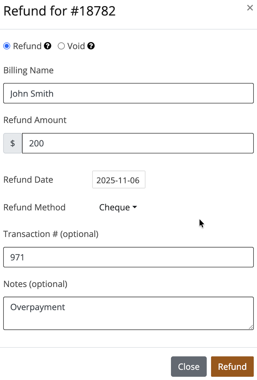 Image of the Refund Payment screen with the Amount, Date, Method, Transaction number, and Notes fields completed as described below.