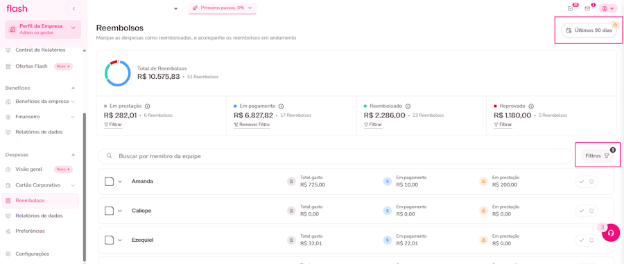 Acompanhar as solicitações de reembolso. Passo 7 e 8. Refinar busca por categoria, utilize filtros